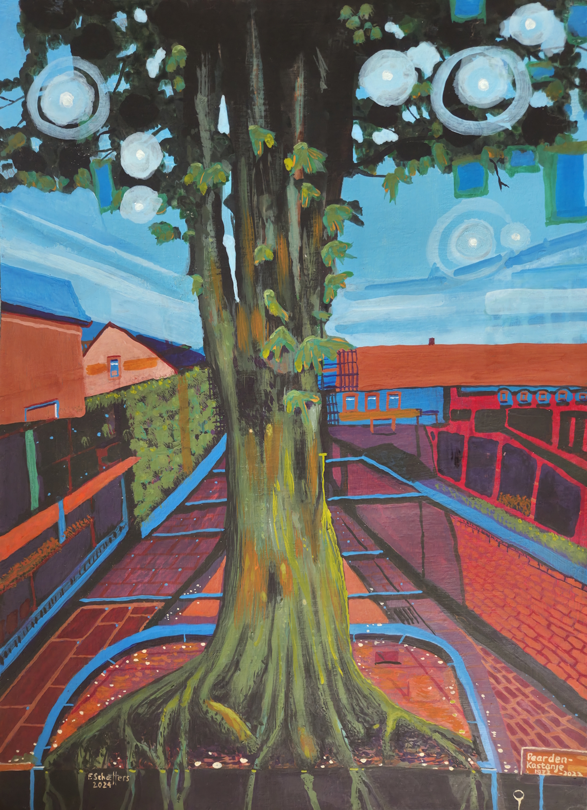 Voormalige Paardenkastanje Goudsmidstraat Venray, acryl op zwaar papier 50x70