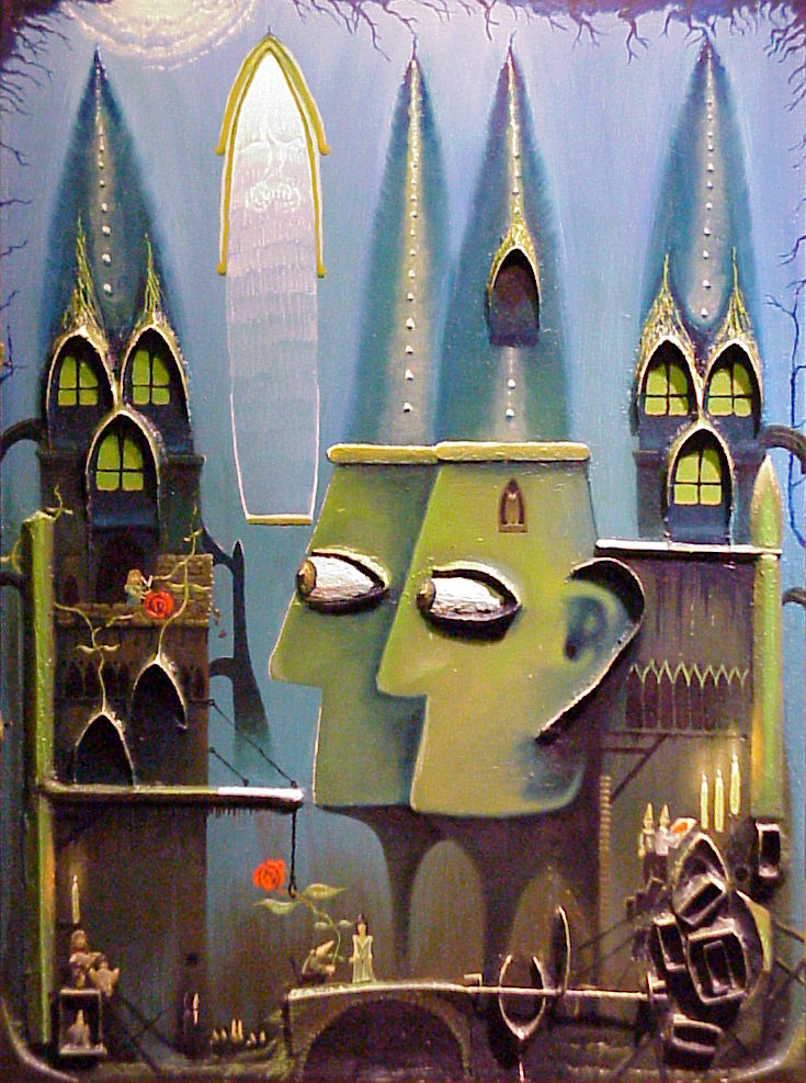 De kathedralenbouwers, olie op montage en paneel, ±60x70cm